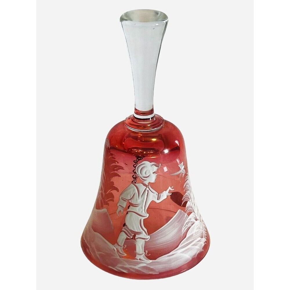 Vintage Hand Painted Bohemian Glass Czech Hand Bell Boy Bird